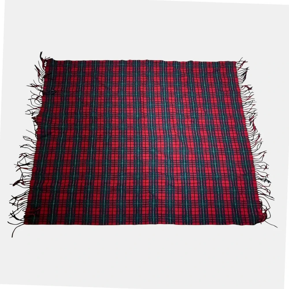 Vintage Pendleton‎ Plaid Wool Blanket Red Green Fringe Throw 100% Virgin Wool